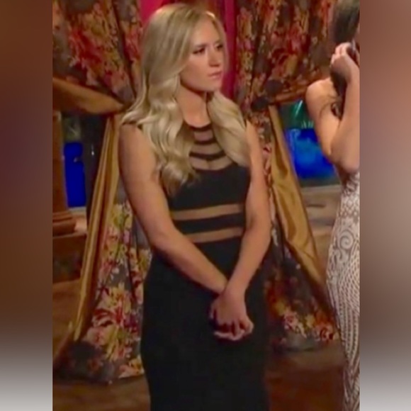 JS Collections Black Illusion Striped Evening Gown | Size 4 | Beaded Neckline - Picture 3 of 13